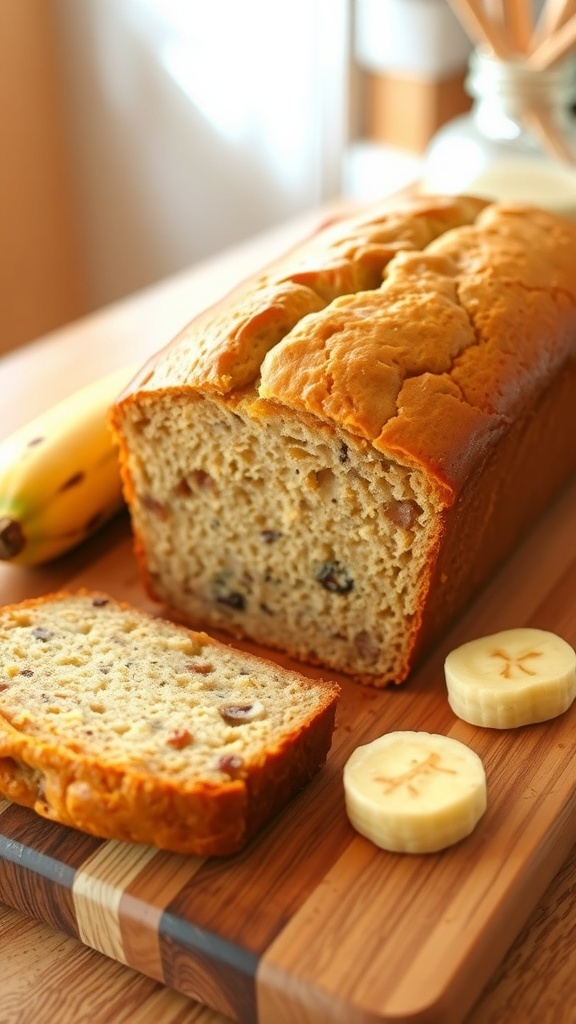 Classic Banana Bread with One Egg A loaf of banana bread sliced to show its moist texture, with overripe bananas in the background.